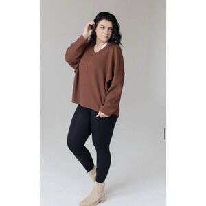 SAVVI Emma Oversized Sweater Women's M‎ Brown Boho Cozy Lounge V Neck